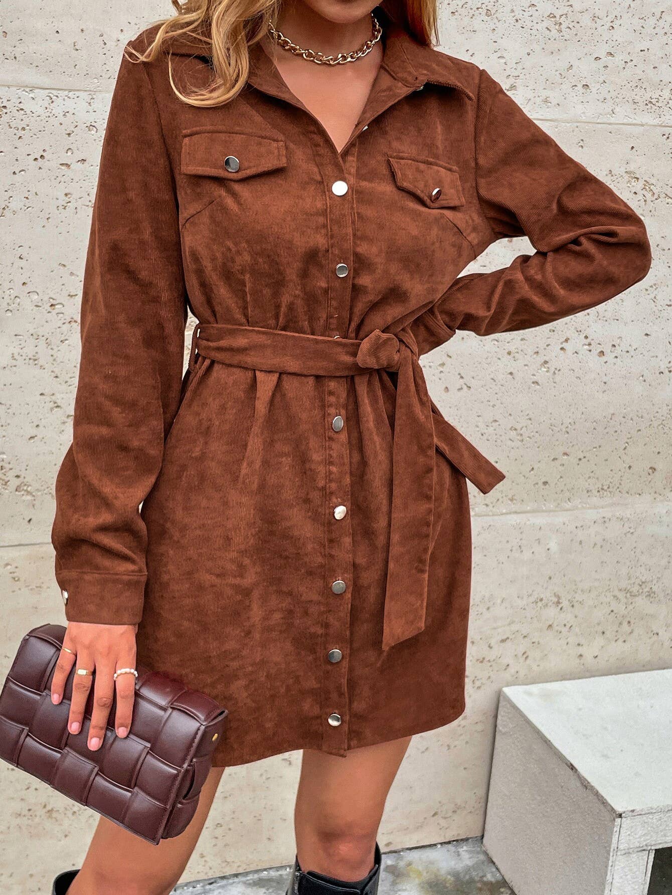 CASUAL CORDUROY SHIRT DRESS WITH LOOSE WAISTBAND