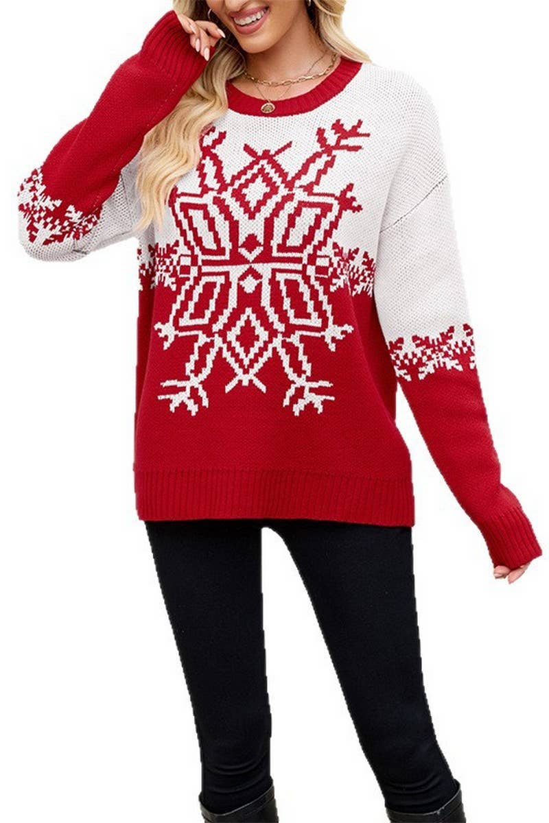 CWOSWL07538_CHRISTMAS BIG SNOWFLAKE CASUAL KNITTED SWEATER