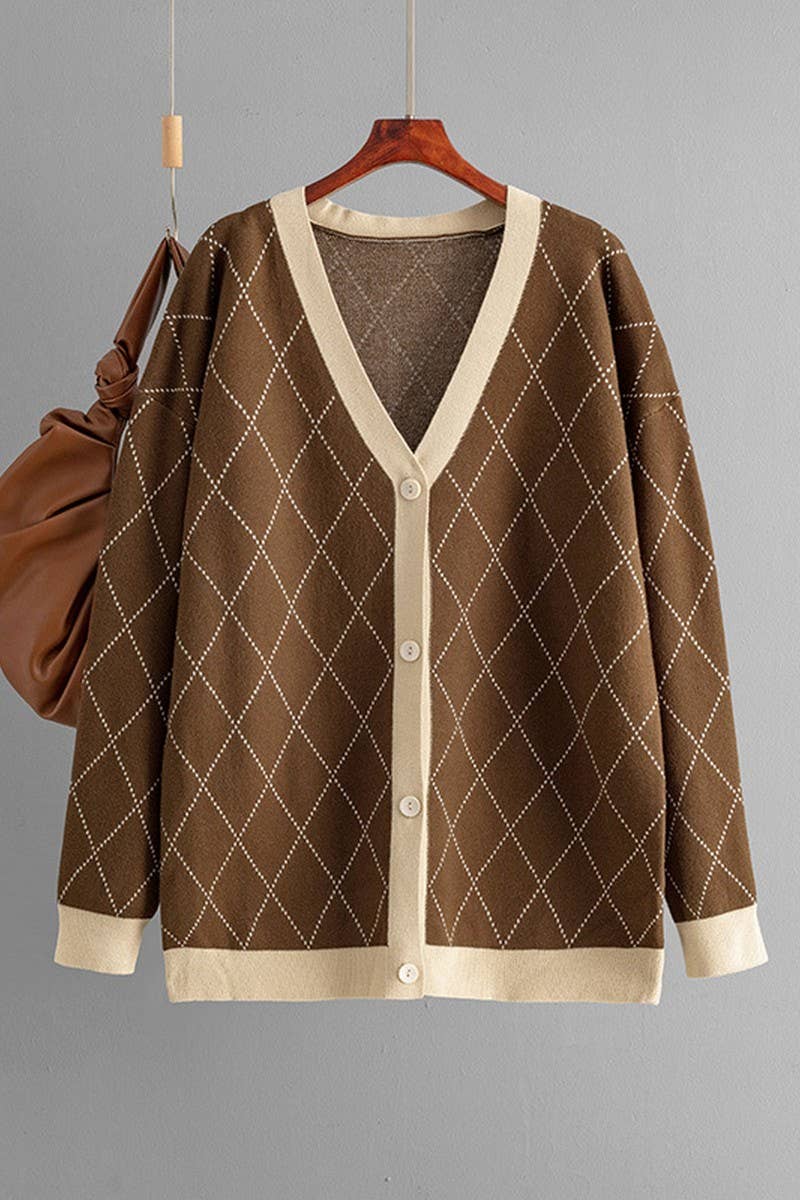 CWOCAL00676_V NECK LOOSE BUTTON PLAID KNIT CARDIGAN