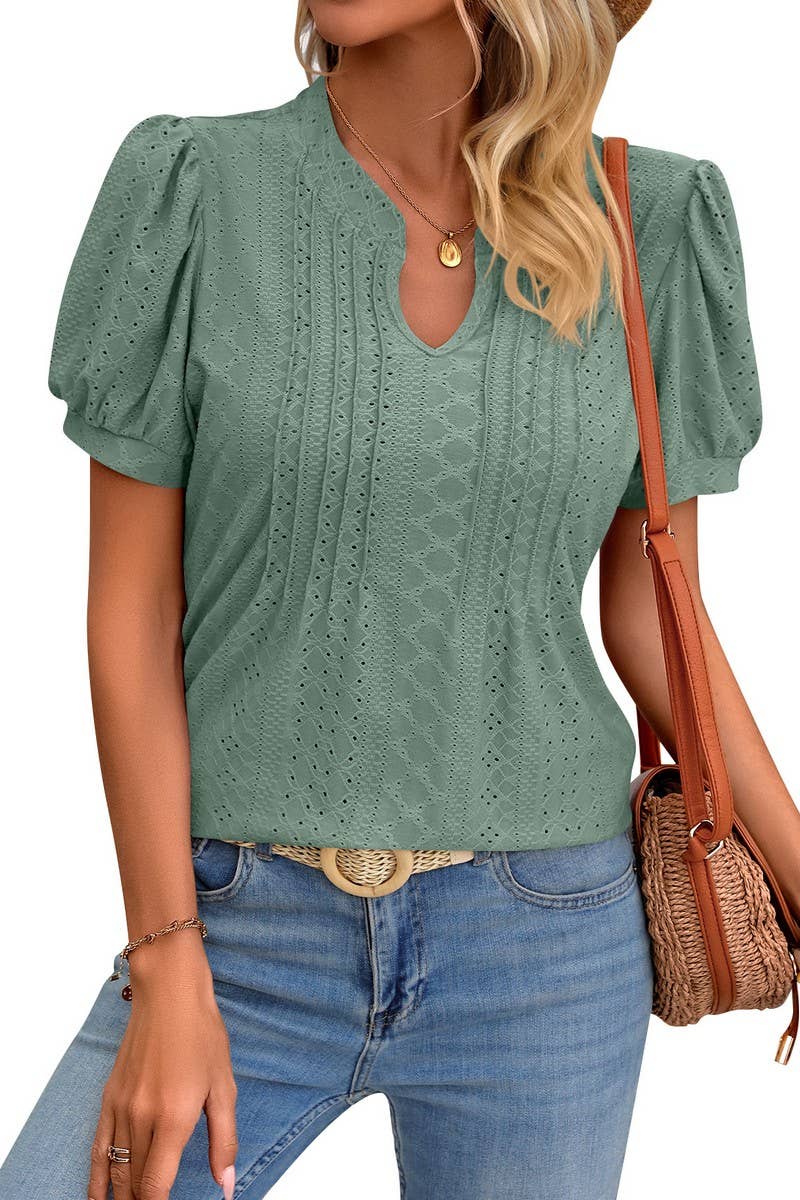 CWTBLS0794_SOLID COLOR V NECK LOOSE SHORT SLEEVED TOP