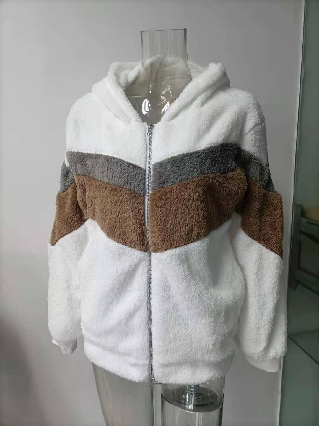 FLEECE ZIP-UP CARDIGAN WITH STRIPED POCKET COAT