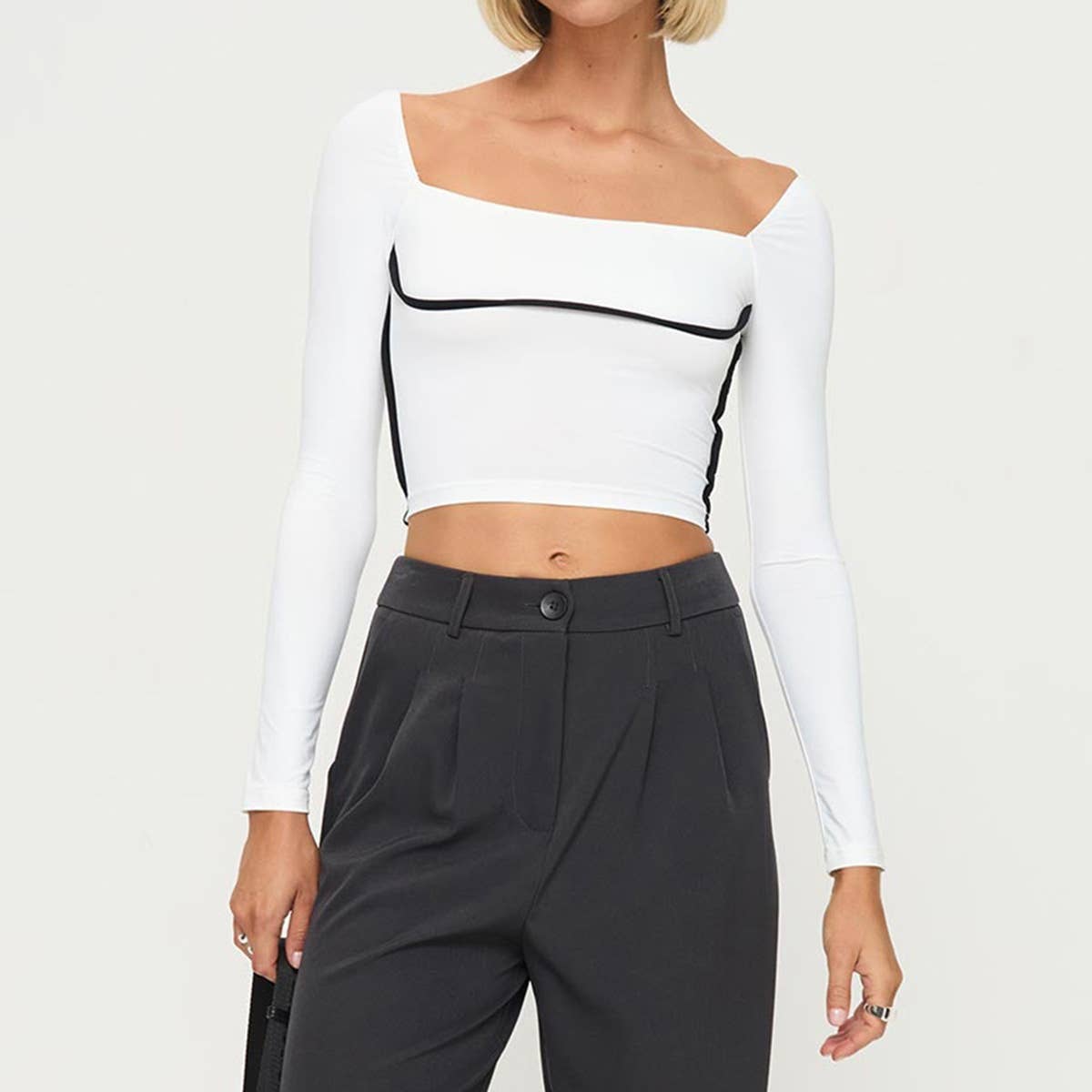 COLOR CONTRAST PATCHWORK SQUARE COLLAR SLIM SHIRT