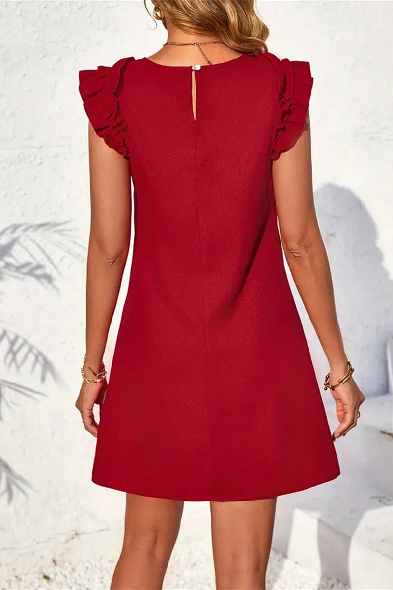 CWDSD7650_SUMMER SOLID COLOR RUFFLED FLYING SLEEVE DRESS