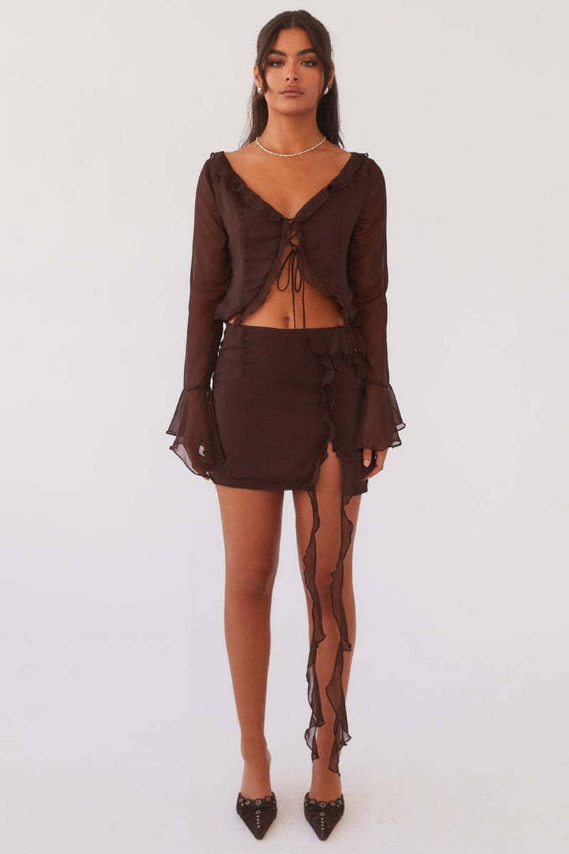 CWSTB2031_RUFFLE FRINGE LONG SLEEVE BODYCON SKIRT SET