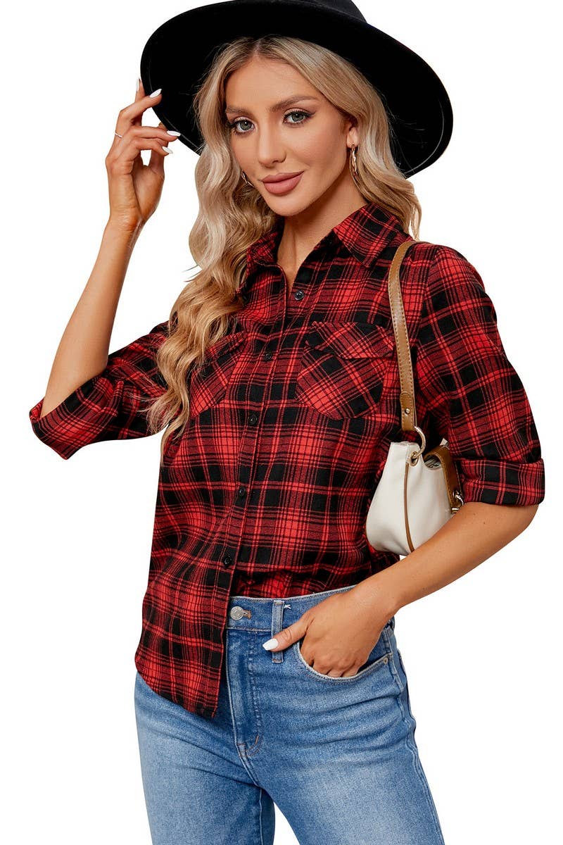 CWTBLL3628_NEW WOMEN'S SUEDE BUTTON-DOWN PLAID SHIRT