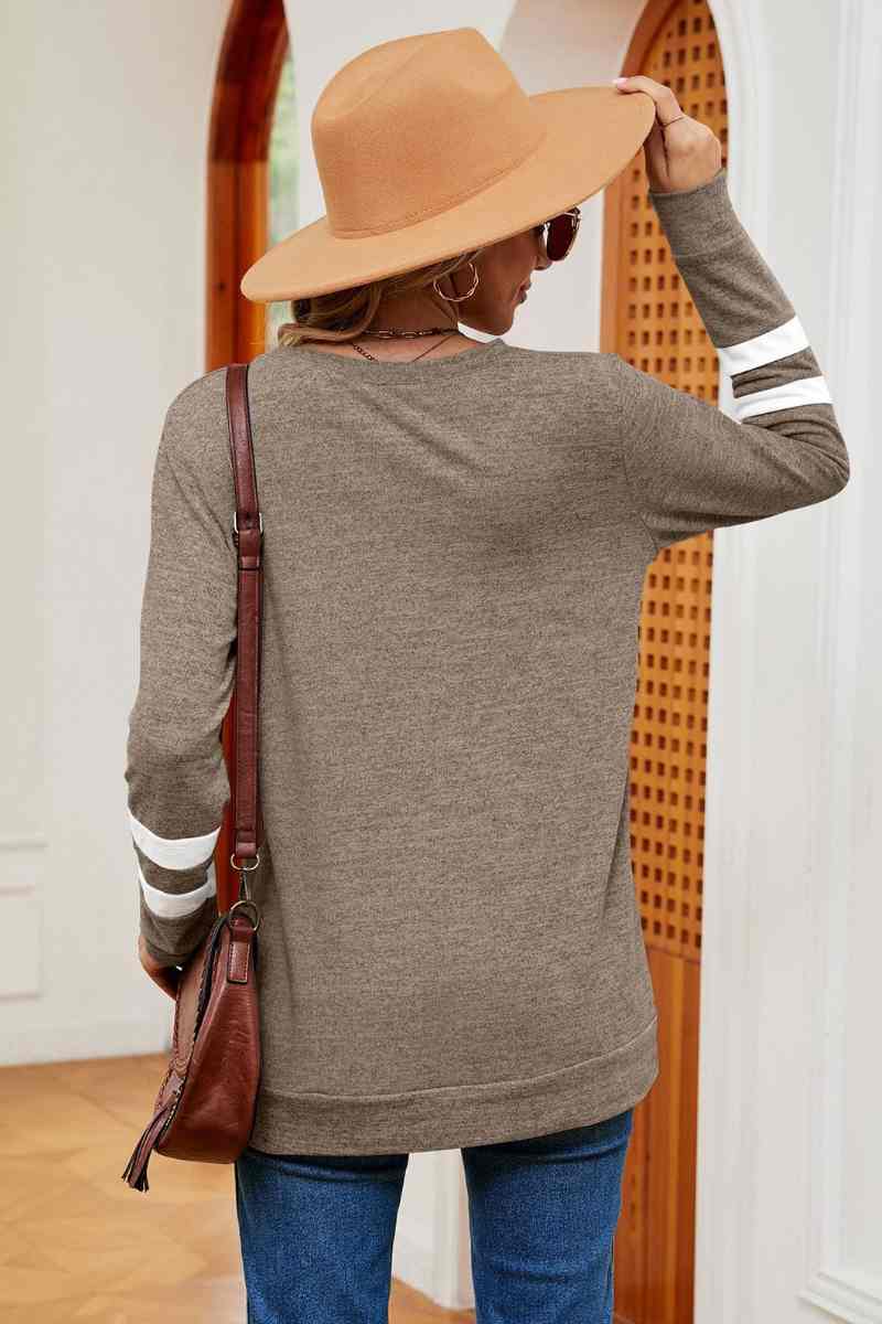CWOSWL6552_V-NECK LONG SLEEVE STRIPED COLOR MATCHING TOP