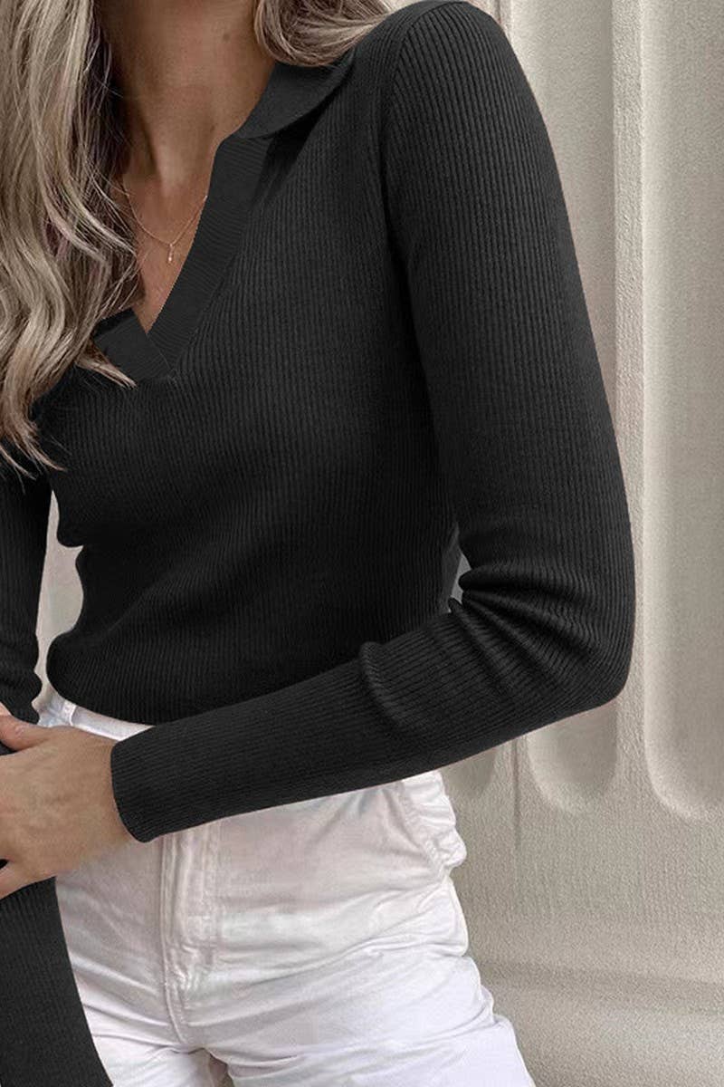 CWTBLL3774_POLO NECK NAVEL RIBBED KNIT LONG SLEEVE TOP