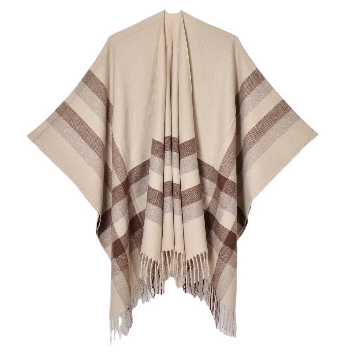 TASSEL TWO-TONE STRIPED PLAID CARDIGAN CAPE SHAWL