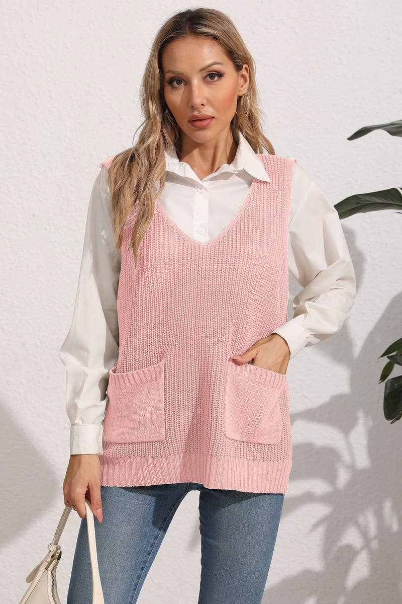 CWOSWL07395_WOMEN¡¯S V NECK KNIT VEST WITH POCKETS