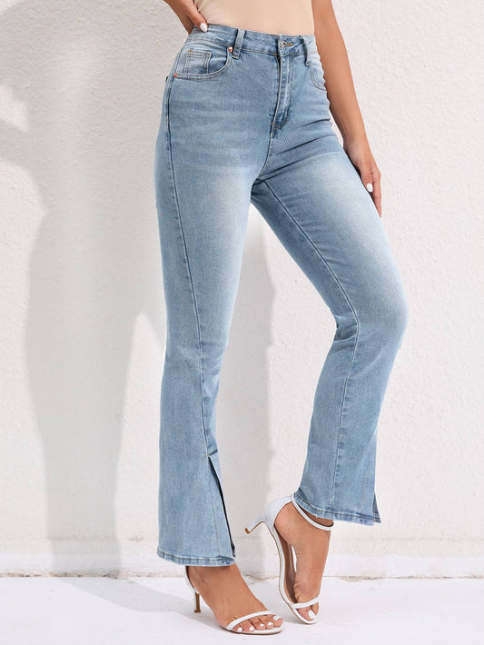 Elastic straight-leg high-waisted washed jeans