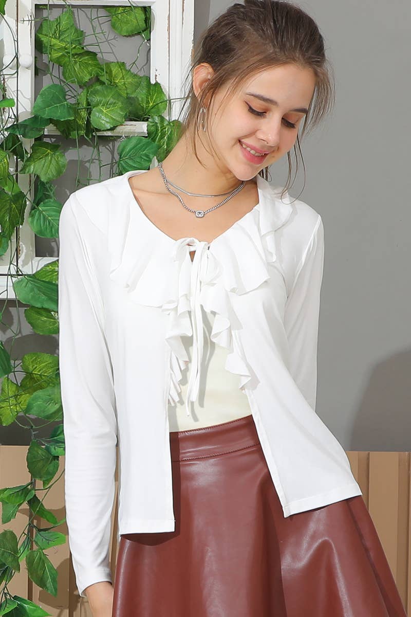CWOCAL537_LONG SLEEVE RUFFLE NECK TIED CASUAL CARDIGAN