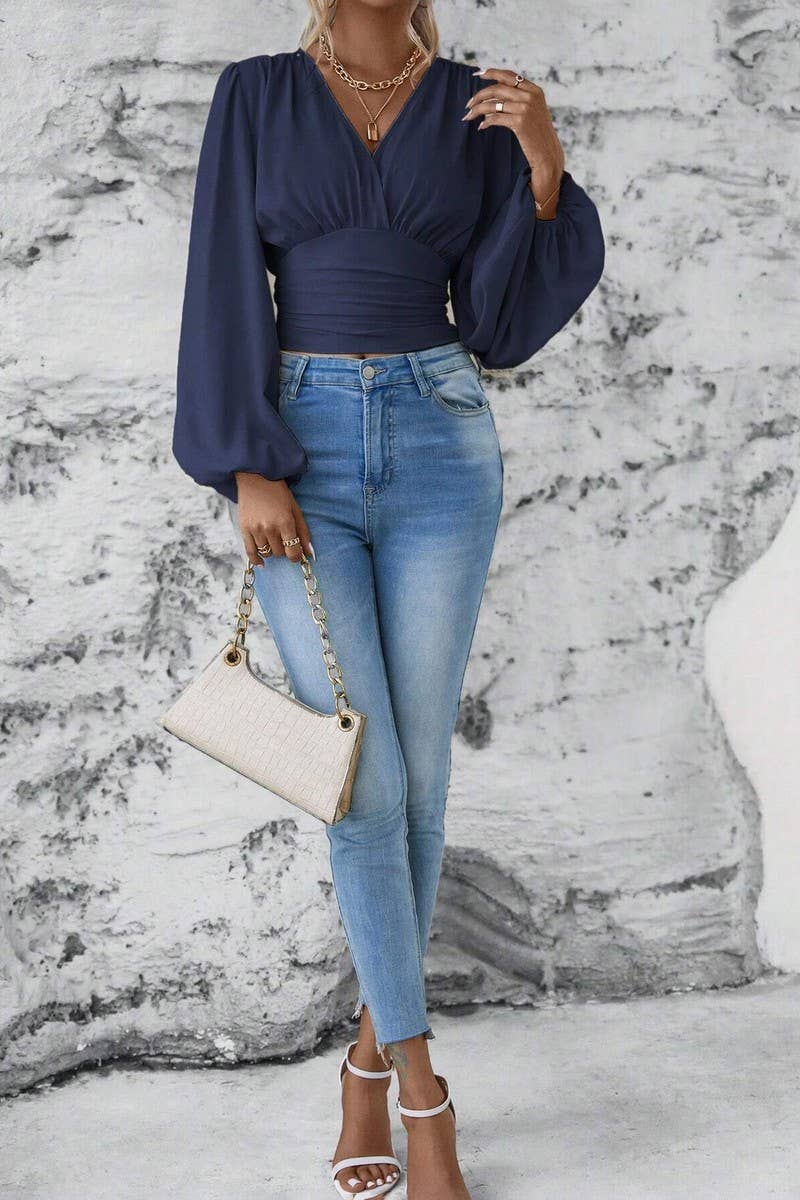 CWTTL2007_SPRING AND AUTUMN FASHION WAIST V-NECK TOP