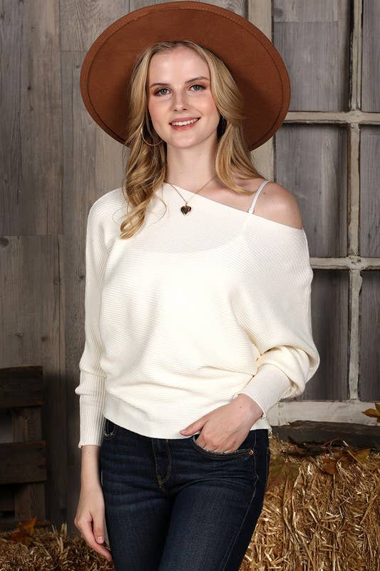 CWOSWL1835_SOFT ONE SIDE OFF SHOULDER SWEATER RIB TOP