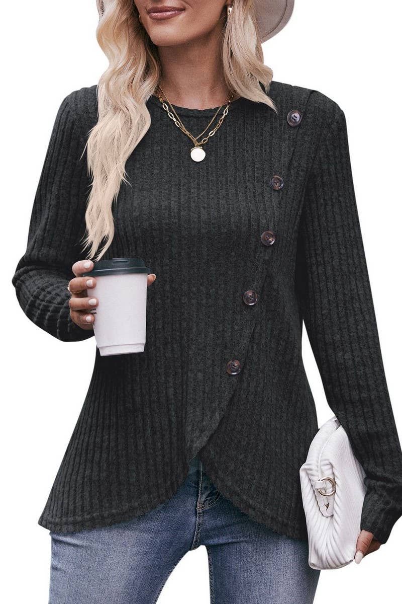 CWTBLL1830_SOLID COLOR ROUND NECK RIBBED HEM BUTTON T-SHIRT