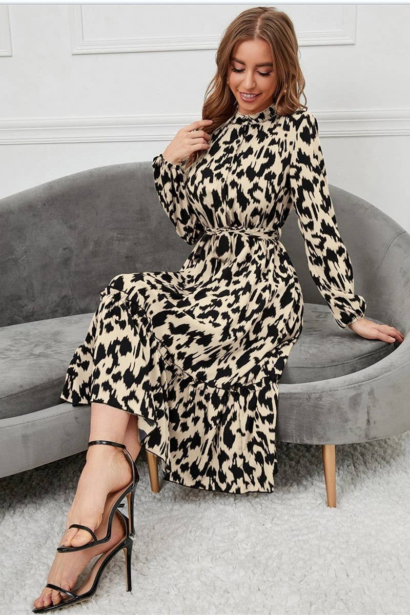 CWDMD4103_LEOPARD PRINT LONG SLEEVE TIE DRESS