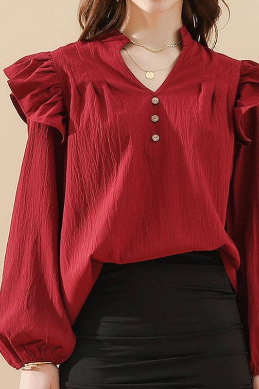 CWTBLL259_RUFFLED BUTTON SOLID COLOR V NECK  BLOUSE