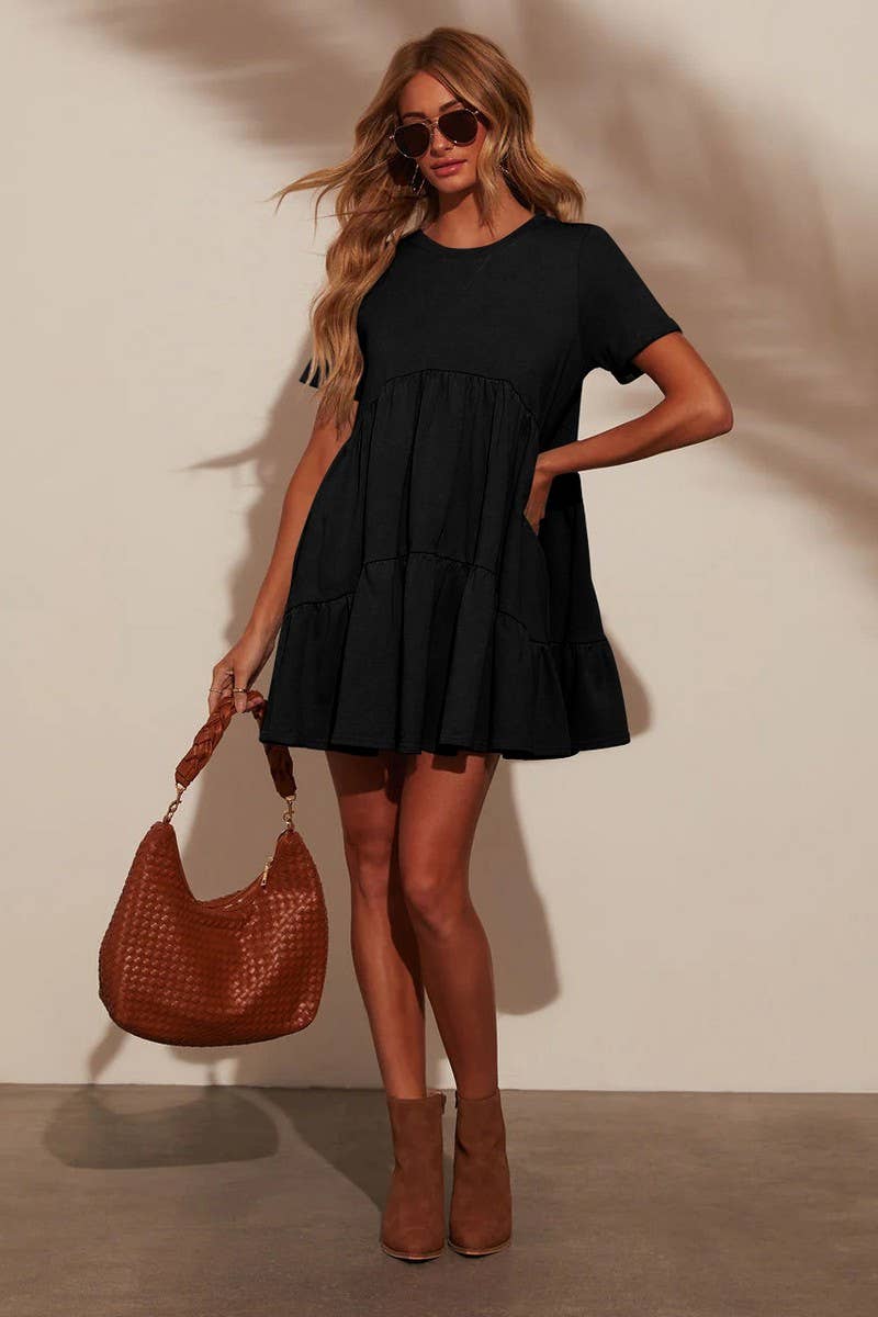 CWDSD7774_CASUAL POCKETED SHORT SLEEVE RUFFLED DRESS