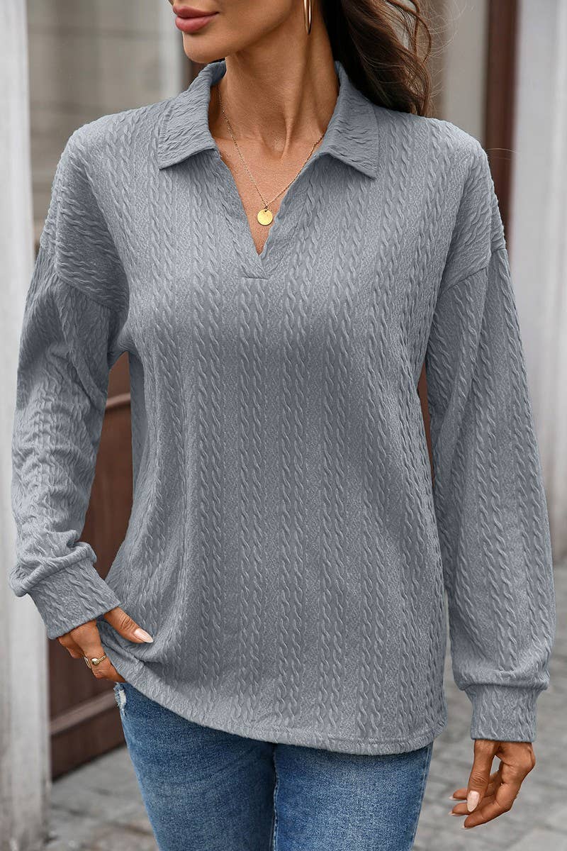 CWTBLL01307_V NECK CABLE KNIT SOLID LONG SLEEVE TEE