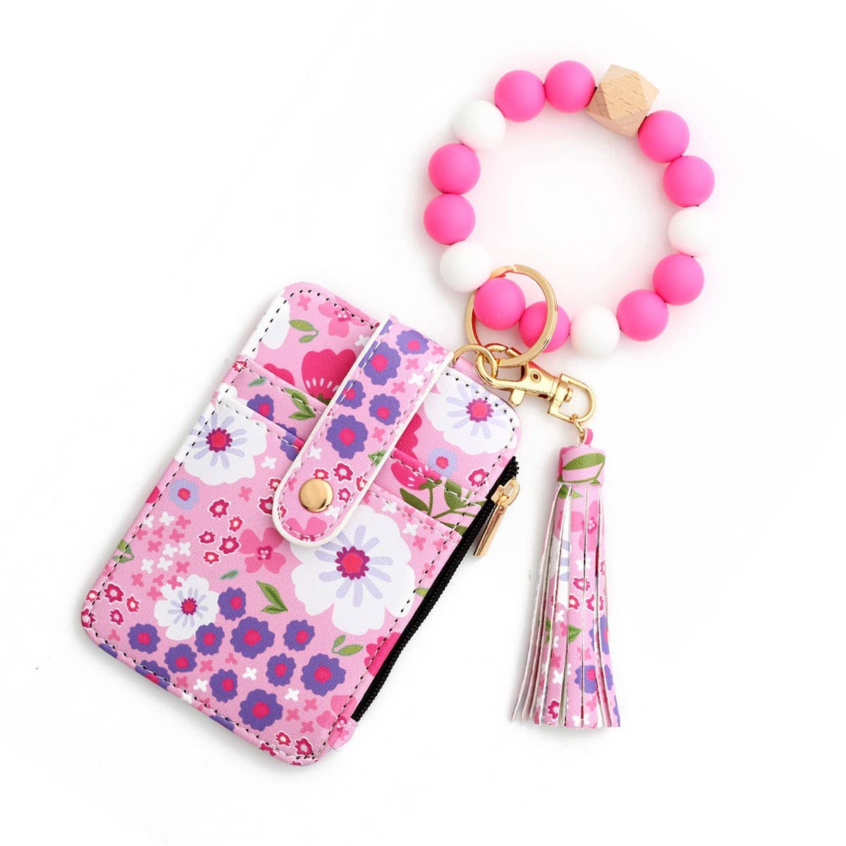 Floral Print PU Wallet with Silicone Bead Keychain_CWAB4930