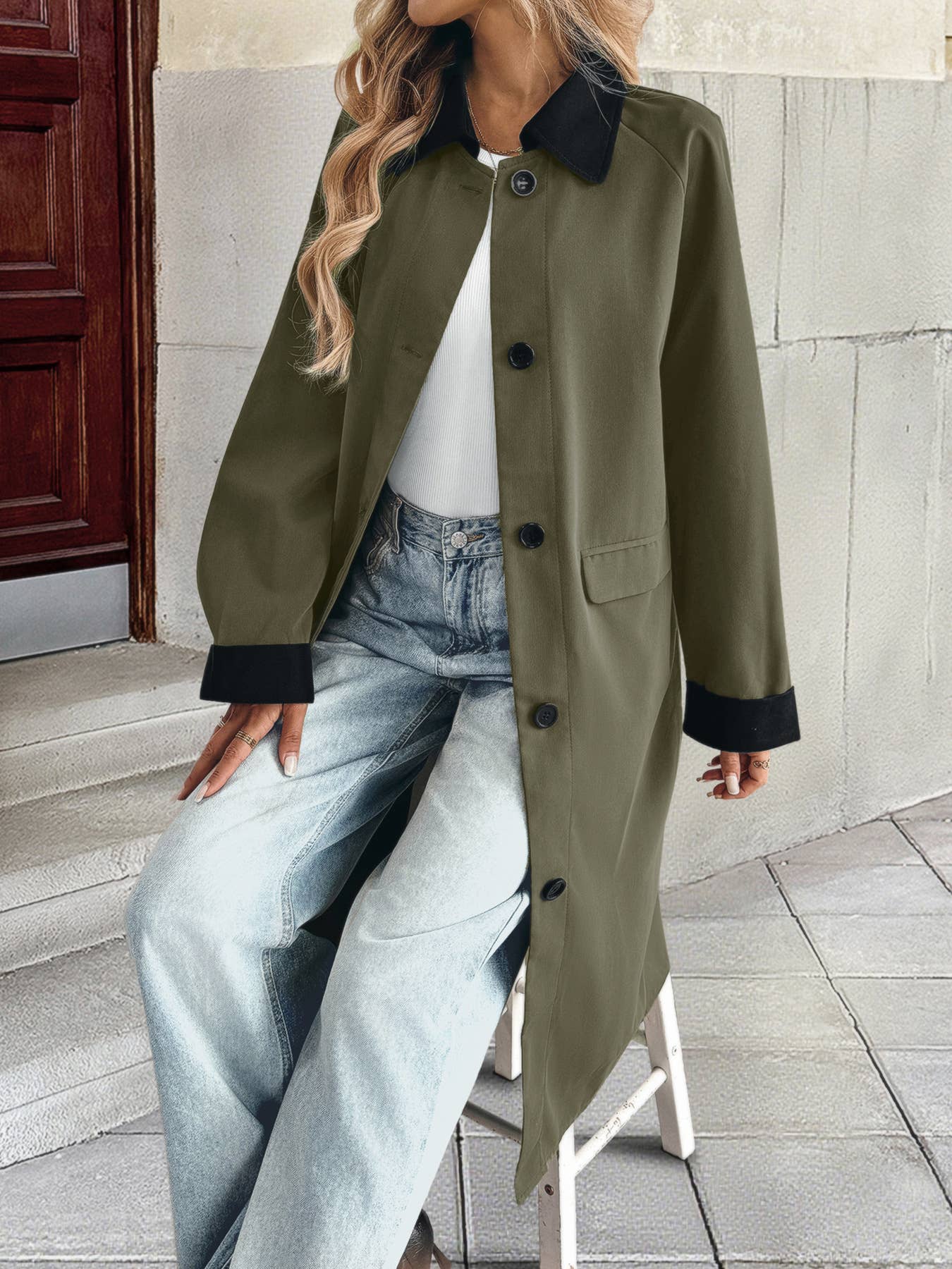 Contrast color easy temperament trench coat