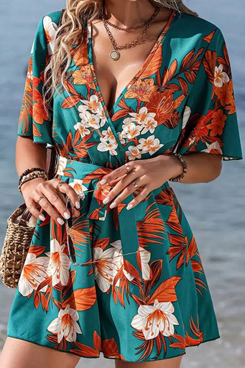 CWSJS1515_BEACH VACATION STYLE LOOSE BELT PRINTED JUMPSUIT