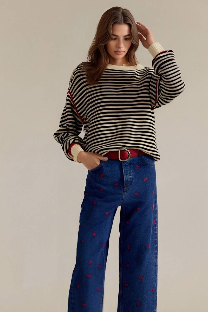 CWOSWL6946_STRIPED CREWNECK KNIT PULLOVER SWEATER