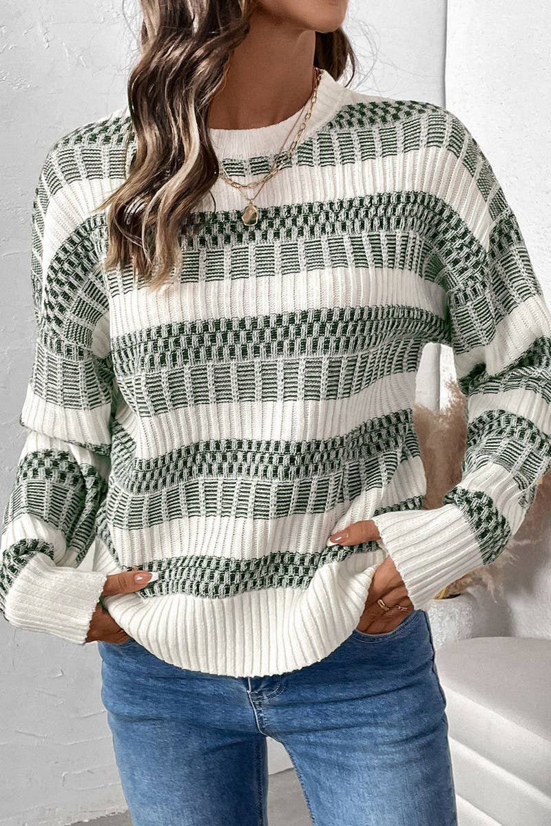 CWOSWL5167_CASUAL STRIPED CONTRAST CREW NECK KNIT SWEATER