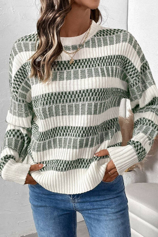 CWOSWL5167_CASUAL STRIPED CONTRAST CREW NECK KNIT SWEATER