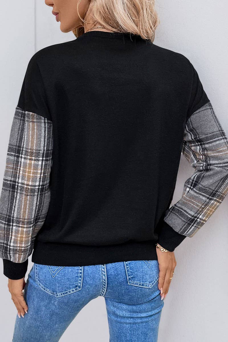 CWTBLL3714_CASUAL PLAID STITCHING ROUND NECK SWEATSHIRT