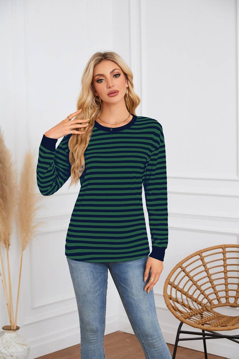 CWTBLL4109_STRIPED ROUND NECK LONG SLEEVE CASUAL TOP