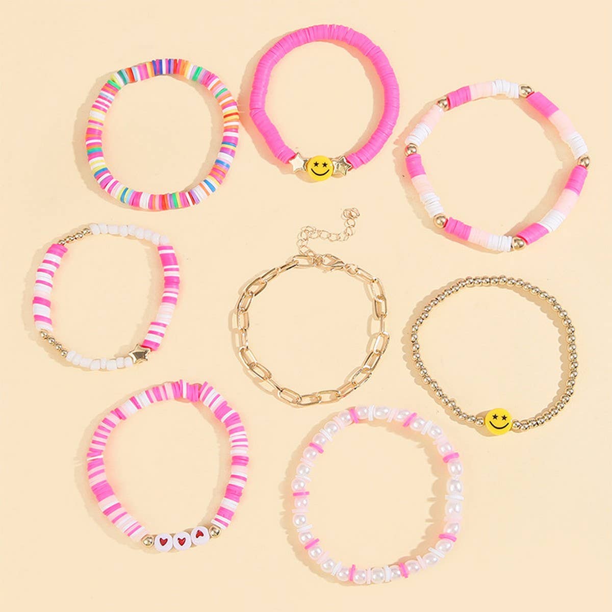 POLYMER CLAY HEART SMILEY FACE BRACELET SET_CWMM3515