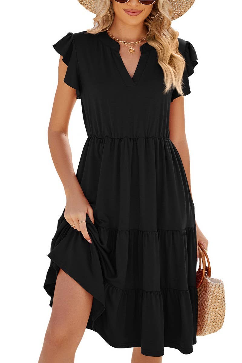 CWDMD2224_V-NECK RUFFLE SLEEVE SOLID COLOR CASUAL DRESS