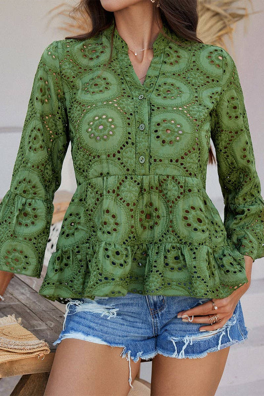 CWTBLL3593_CASUAL HOLLOW V-NECK THREE-QUARTER SLEEVE SHIRT