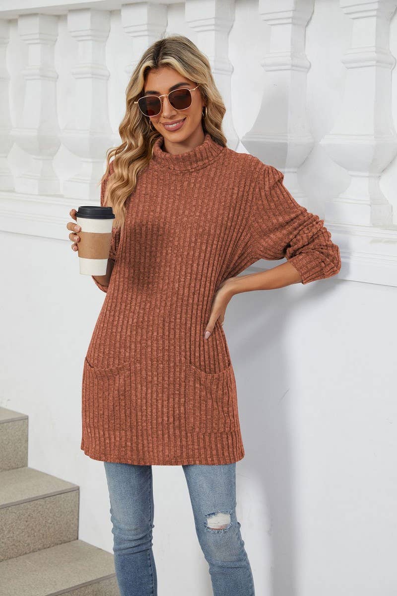 CWTBLL1856_HIGH NECK BRUSHED SOLID LONG SLEEVE POCKET TOP