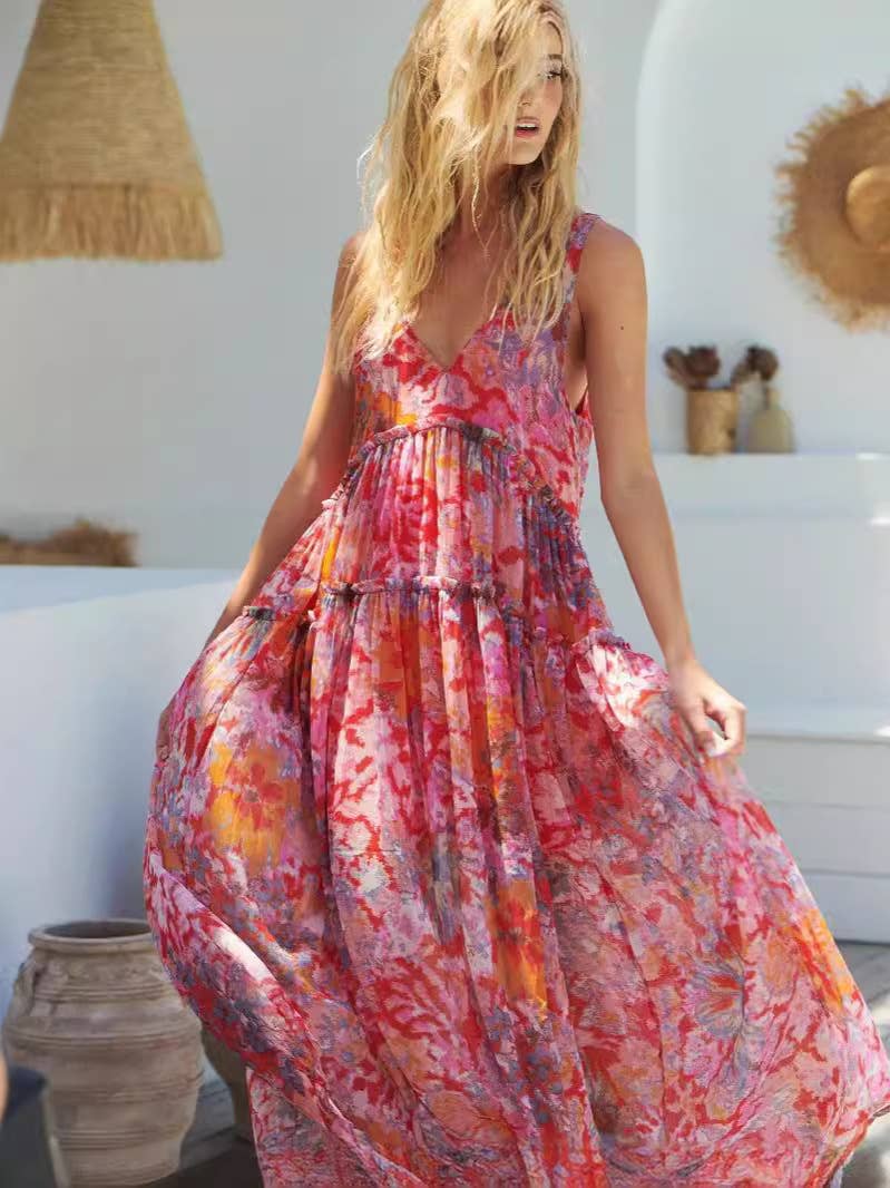 CASUAL LOOSE HOLIDAY CHIFFON PRINT HALTER DRESS
