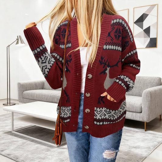 Christmas V-neck animal-printed knitted cardigan