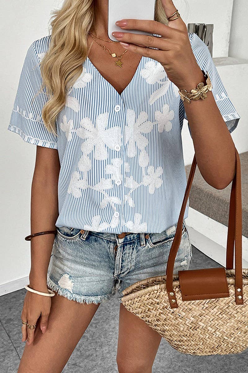 CWTBLS2291_V-NECK LOOSE FIT PRINTED SHORT SLEEVE TOP
