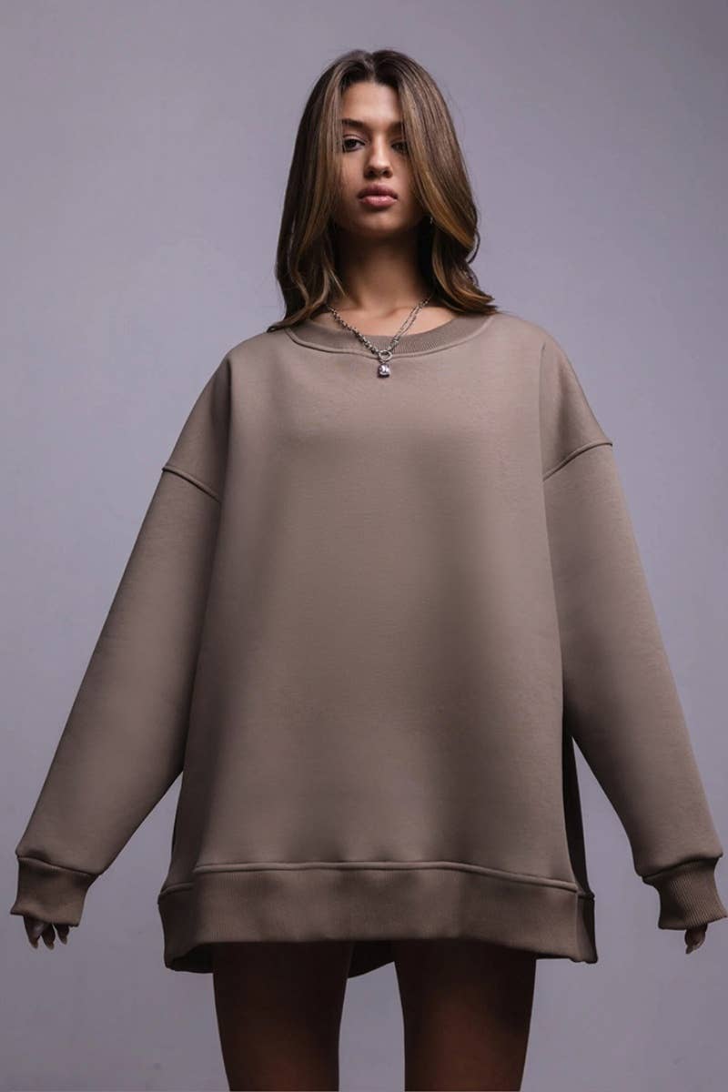 CWTBLL1669_SOLID COLOR BAGGY LONG-SLEEVED CREW-NECK TOP