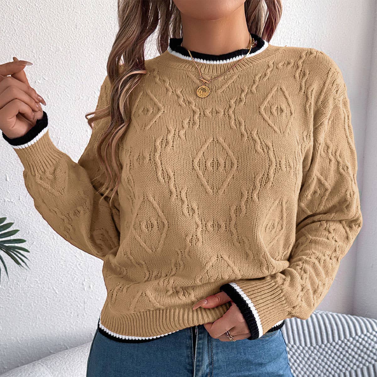 CASUAL COLOR MATCHING LONG SLEEVE SWEATER