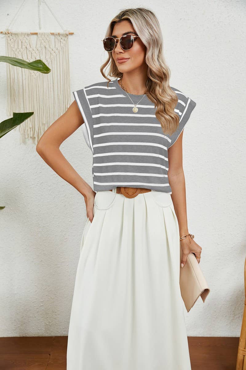 CWTBLS0865_ROUND NECK STRIPED RAGLAN SLEEVE T-SHIR