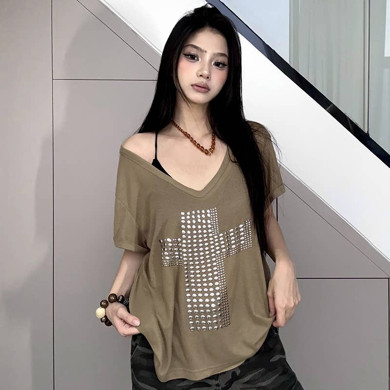 Cross copper embossed casual V-neck loose Top