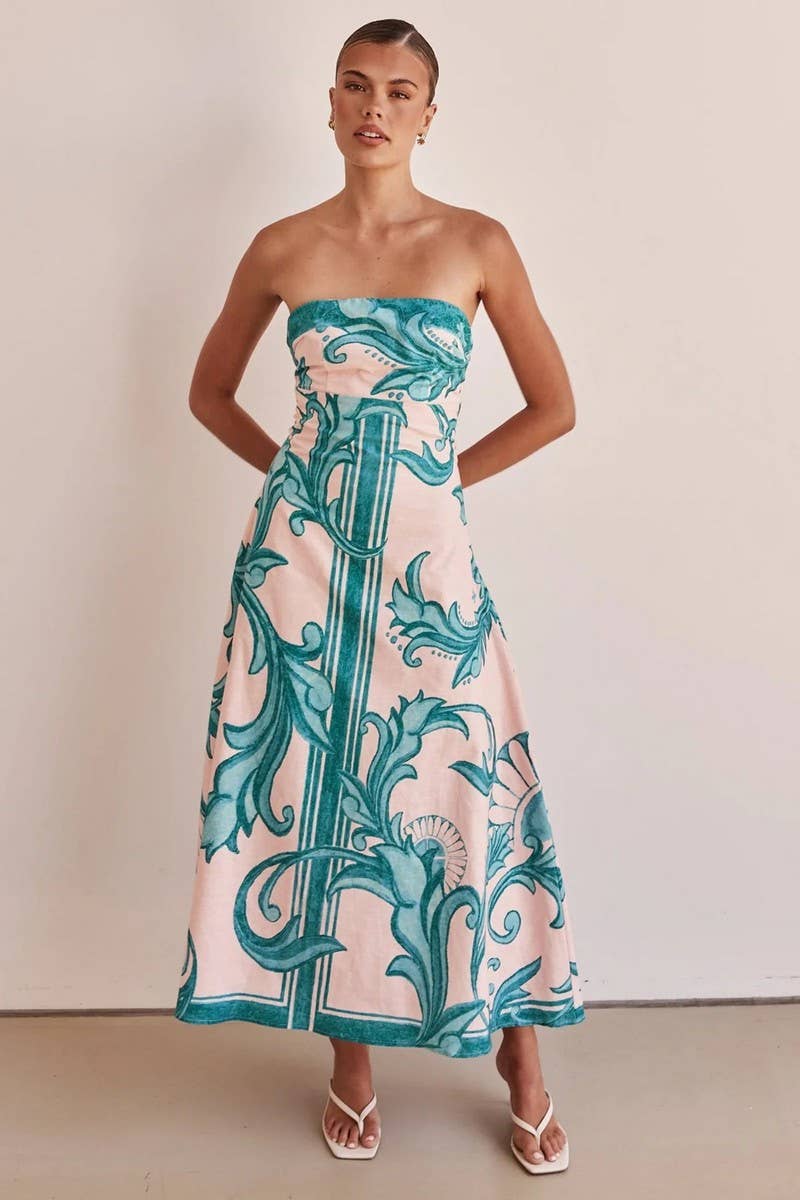 CWDTD0442_STRAPLESS FLORAL PRINT FITTED MAXI DRESS