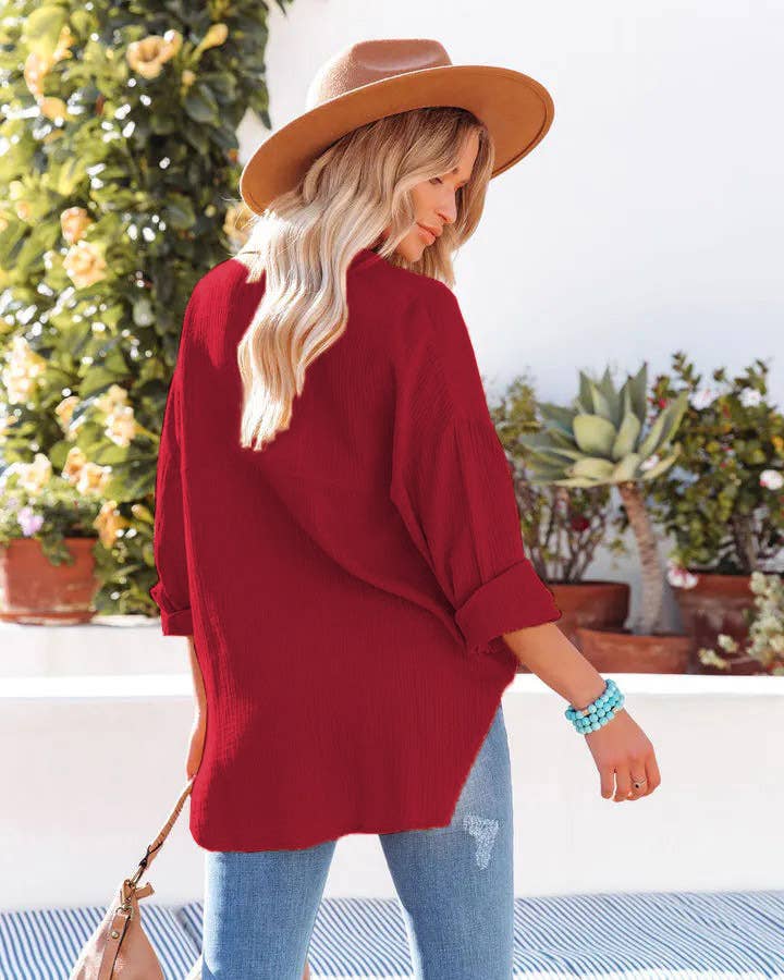 BAT-SLEEVED CASUAL SOLID COLOR LONG-SLEEVED SHIRT