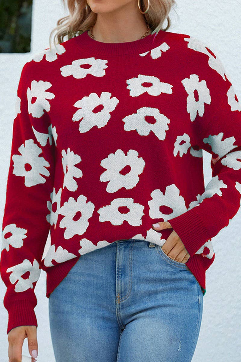 CWOSWL2938_CREW NECK PULLOVER FLORAL KNITTED SWEATER