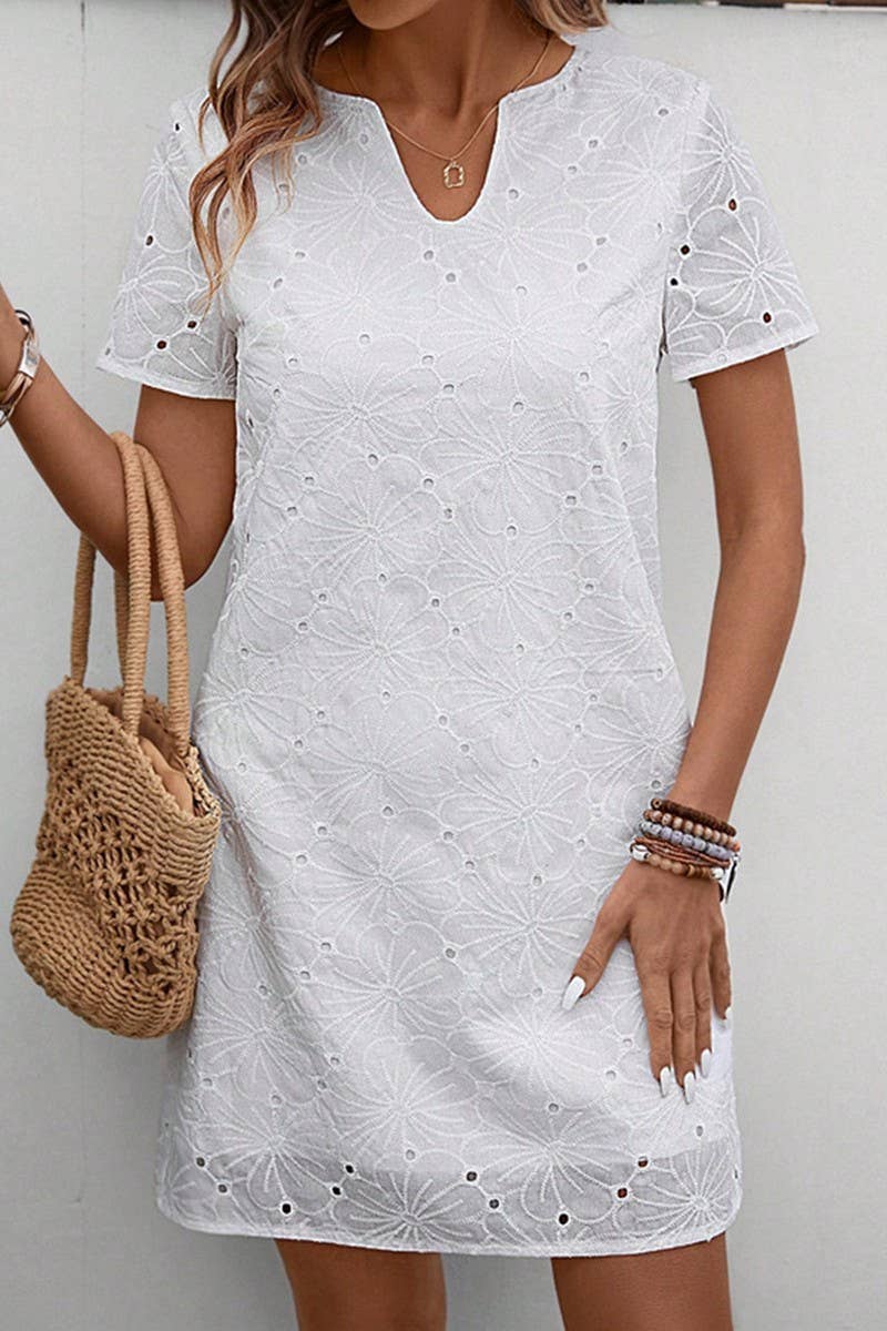 CWDSD8222_SUMMER V-NECK HIGH WAIST SOLID COLOR HOLLOW DRESS