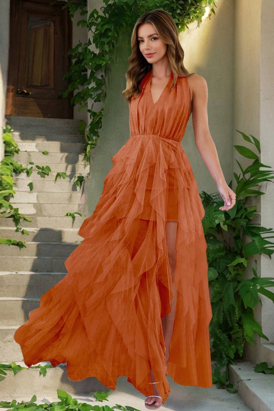 CWDMD6127_SEXY V-NECK TIE IRREGULAR SLIT MESH GOWN