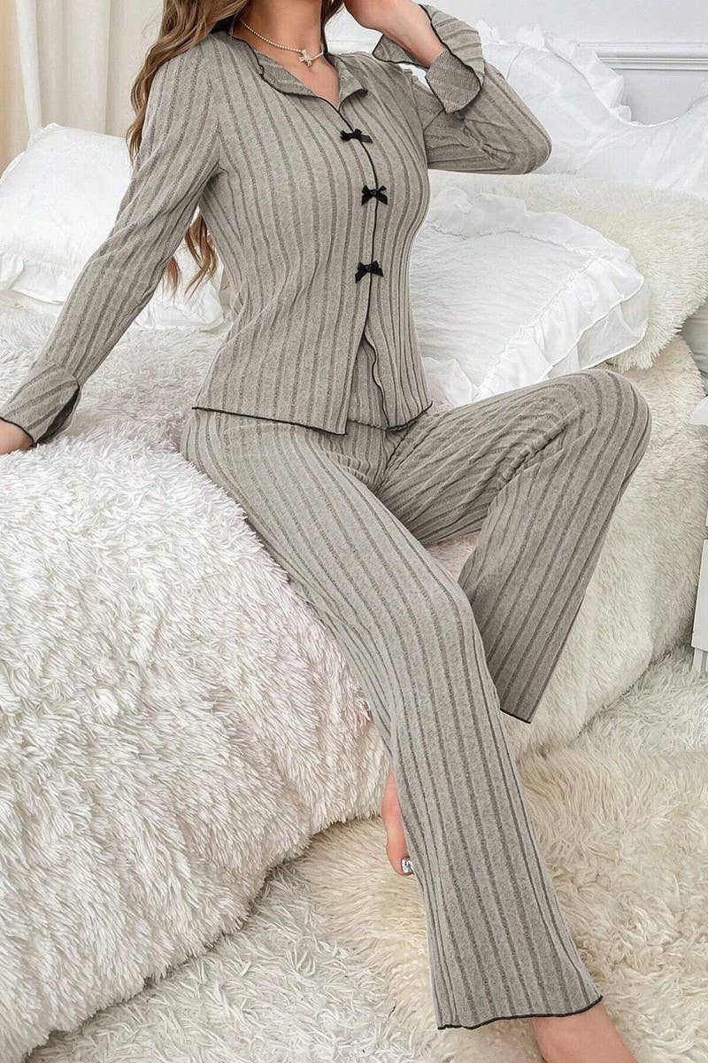 CWSPJ00491_BOW TIE COLLAR LONG SLEEVE TOP AND PANTS SET
