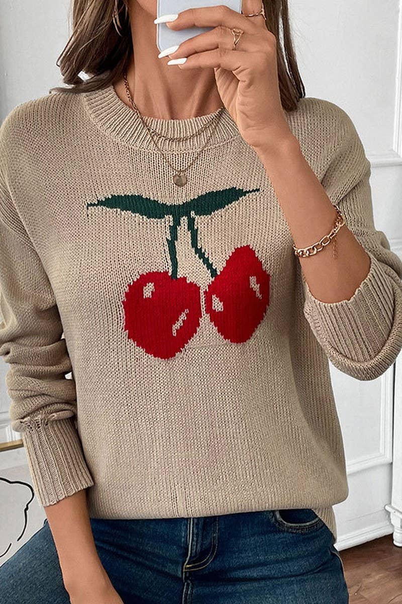 CWOSWL5913_CREW NECK CHERRY VALENTINE'S CHRISTMAS SWEATER