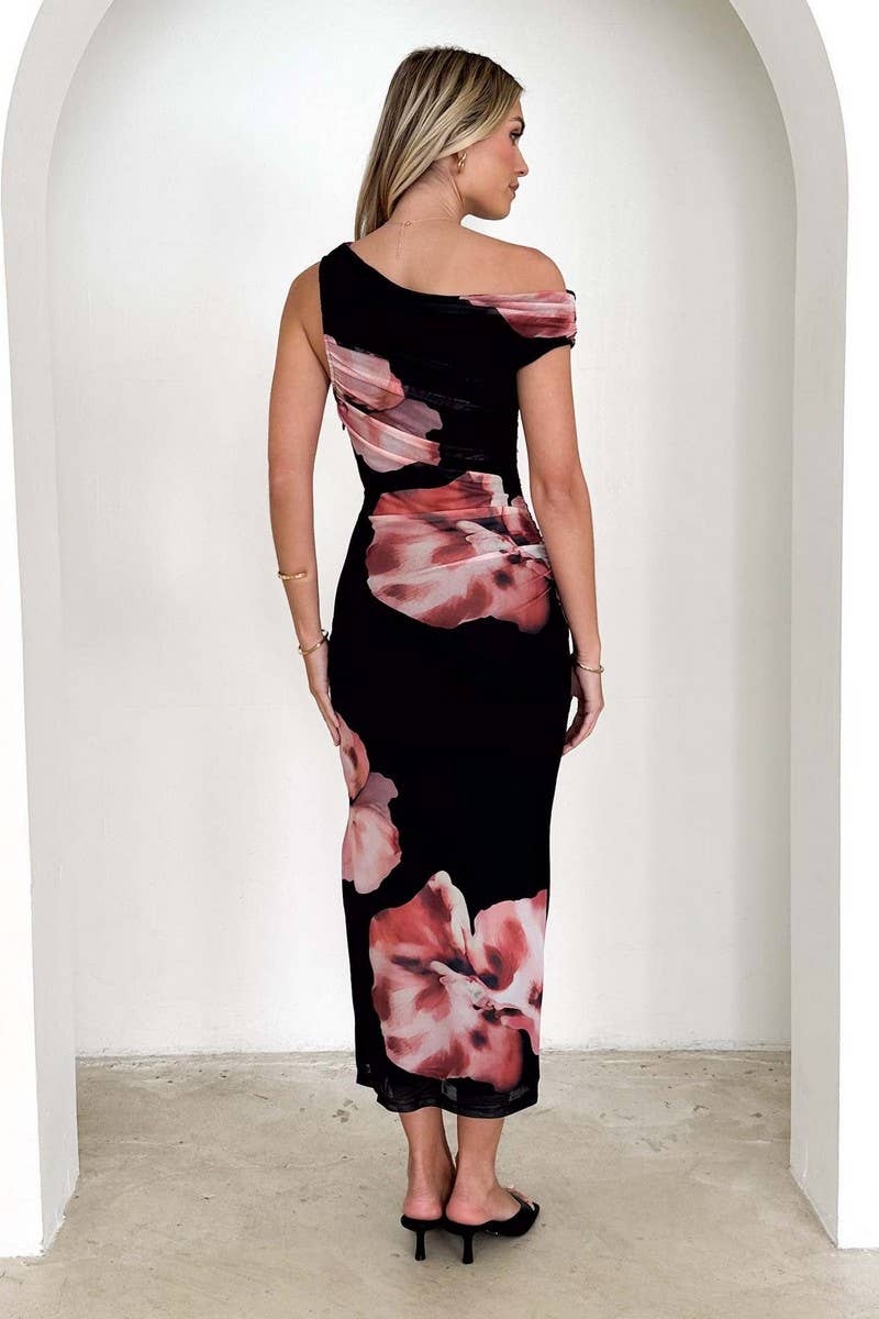CWDMD6093_ONE SHOULDER SLEEVELESS RUCHED PRINT MAXI DRESS