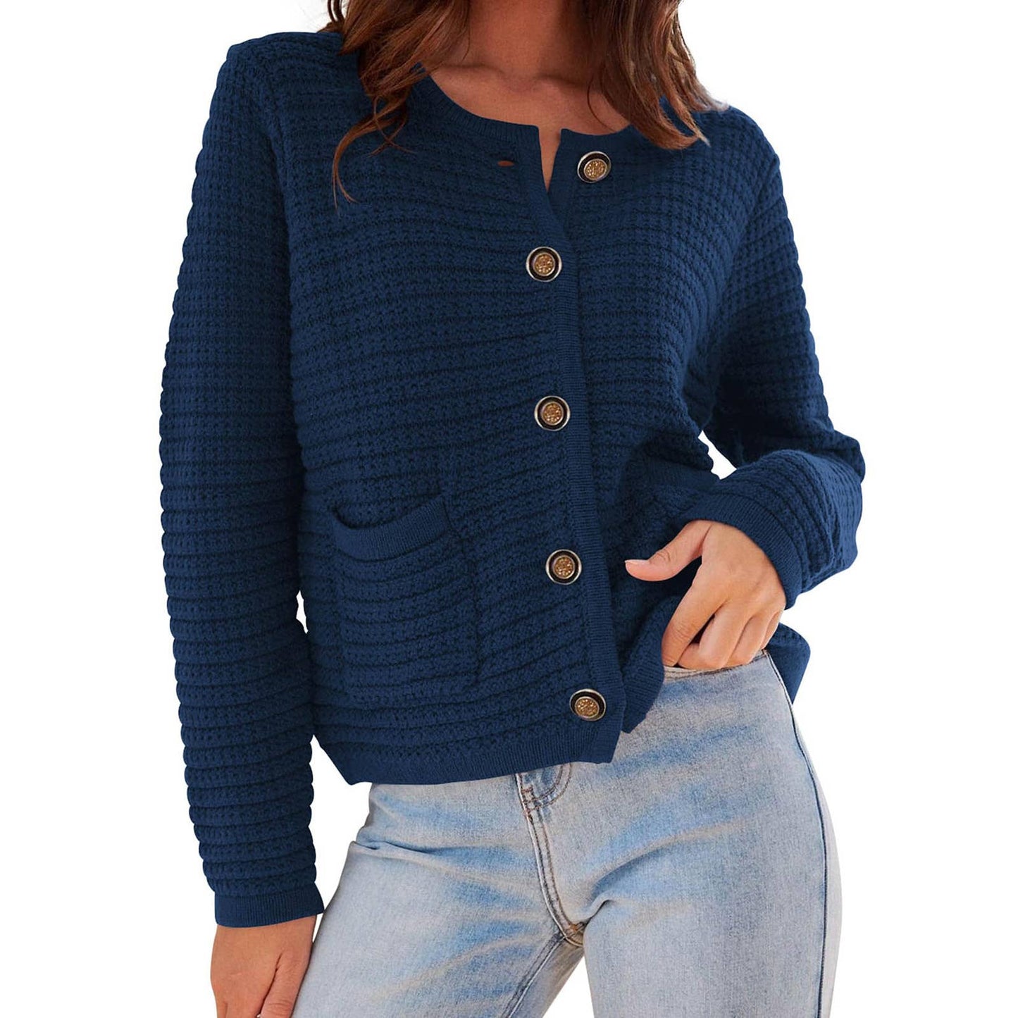 Crew-neck knitted commuter vintage casual cardigan